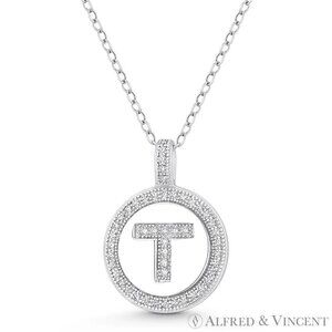 Initial Letter "T" CZ Crystal Pave Pendant in .925 Sterling Silver w/ Rhodium